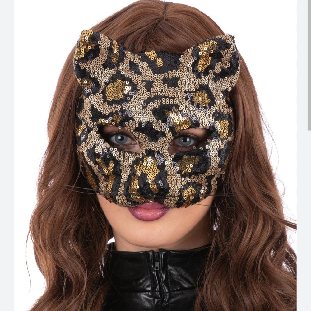 Sequin Leopard Mask - Gold and Black